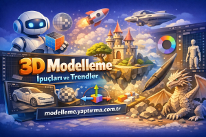Colorful 3D modeling banner featuring a robot, dragon, castle, rocket, and design tools advertising tips and trends in Turkish-English text.