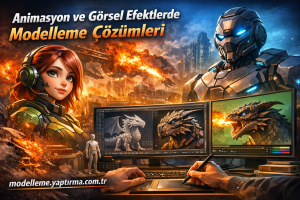 Advertisement banner promoting animation and VFX modeling solutions, showing a female armored character, a large robot, and dragon models on computer monitors.