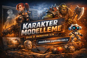 Oyun ve animasyon için karakter modelleme hizmetlerini tanıtan, savaşçı figürler ve tasarım yazılımlarıyla dolu dinamik afiş