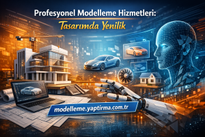 Profesyonel modelleme hizmetlerini vurgulayan sahnede araba tasarımları, planlar ve bir robot eliyle ileri teknoloji atmosferi