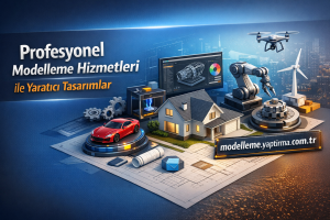 Promotional banner for professional modeling services showing a 3D house, car, robot arm, drone, wind turbine, and a computer design on a blue background.
