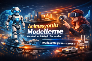 Promotional banner showing robotics and VR tech for animated modeling demos with a futuristic cityscape and website link yaptureme.yaptirma.com.tr (Turkish)