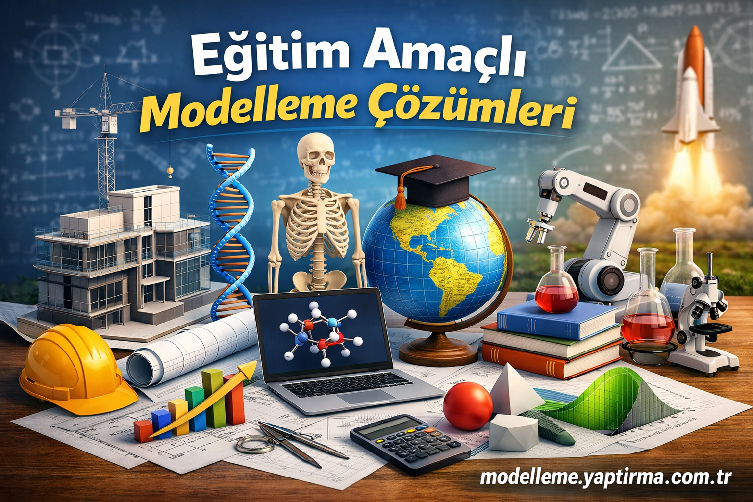 Educational modeling solutions banner with DNA, skeleton, globe with cap, crane, robot arm, and lab equipment on a blue background.