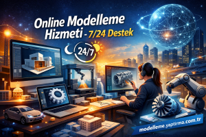 Futuristic 3D modeling workspace with a woman at a computer, 3D printer, robot arm, and a glowing globe; Turkish service banner visible in background.