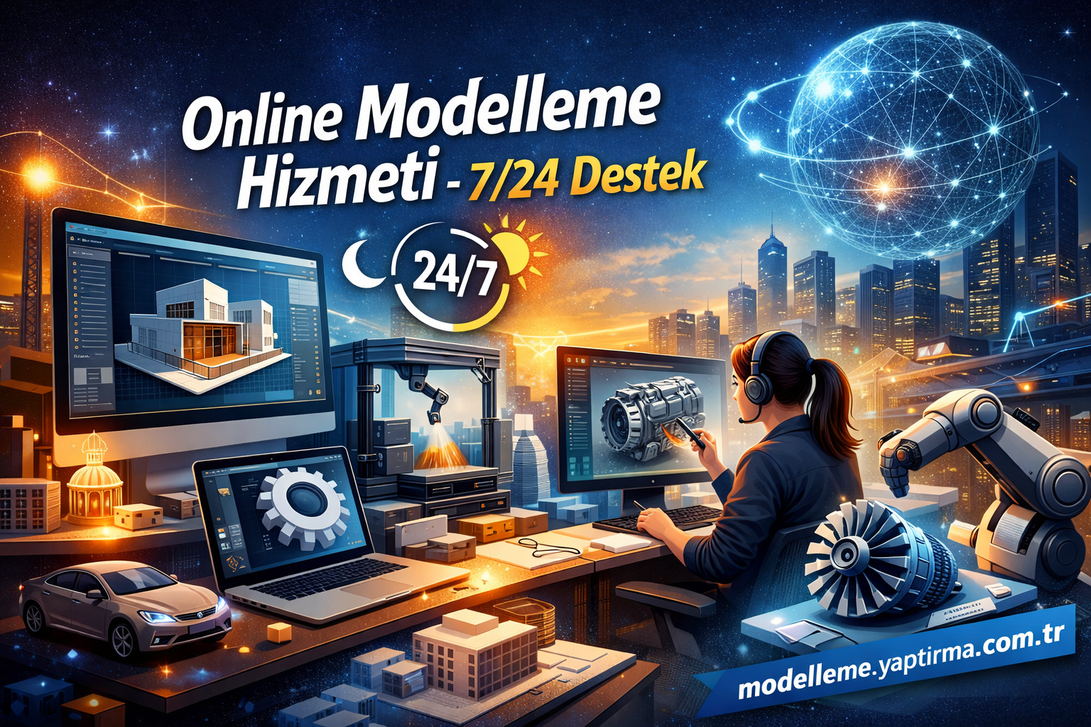 Futuristic 3D modeling workspace with a woman at a computer, 3D printer, robot arm, and a glowing globe; Turkish service banner visible in background.