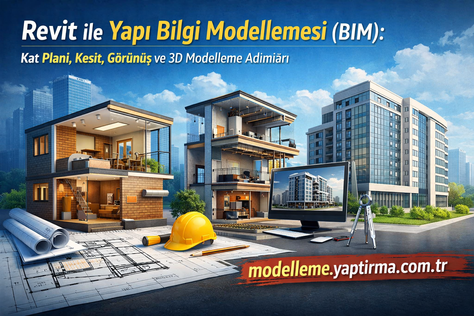 Promotional banner for Revit BIM showing three modern houses, construction plans, hard hat, and a computer on a desk against a blue sky.