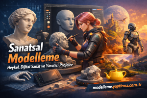 Promotional banner for artistic modeling: a woman in sci‑fi armor sculpts a clay head, with a digital sculpting UI, a robotic figure, and a castle landscape at sunset; Turkish text reads 'Sanatsal Modelleme' and the URL modell...