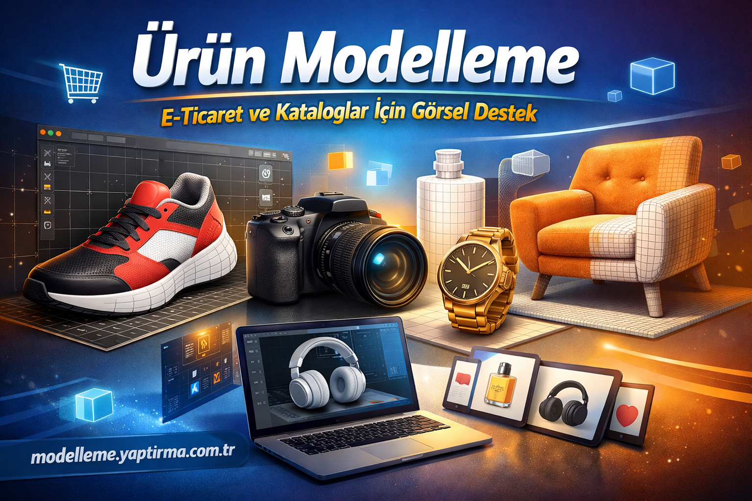 Turkish product modeling banner showing a sneaker, camera, watch, chair, laptop and tablets for ecommerce visuals.