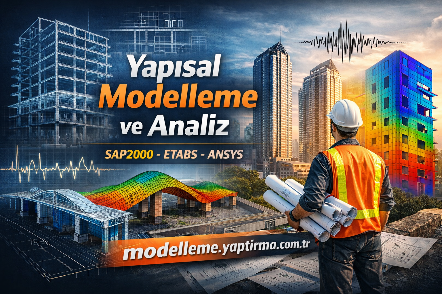 Construction worker in a safety vest holding rolled blueprints on a construction site beside a rainbow-colored modern building and city skyline.