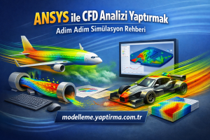 CFD analysis guide with colorful airplane, race car, and computer screens showing simulation data on a blue background, Turkish title at top and site URL below.