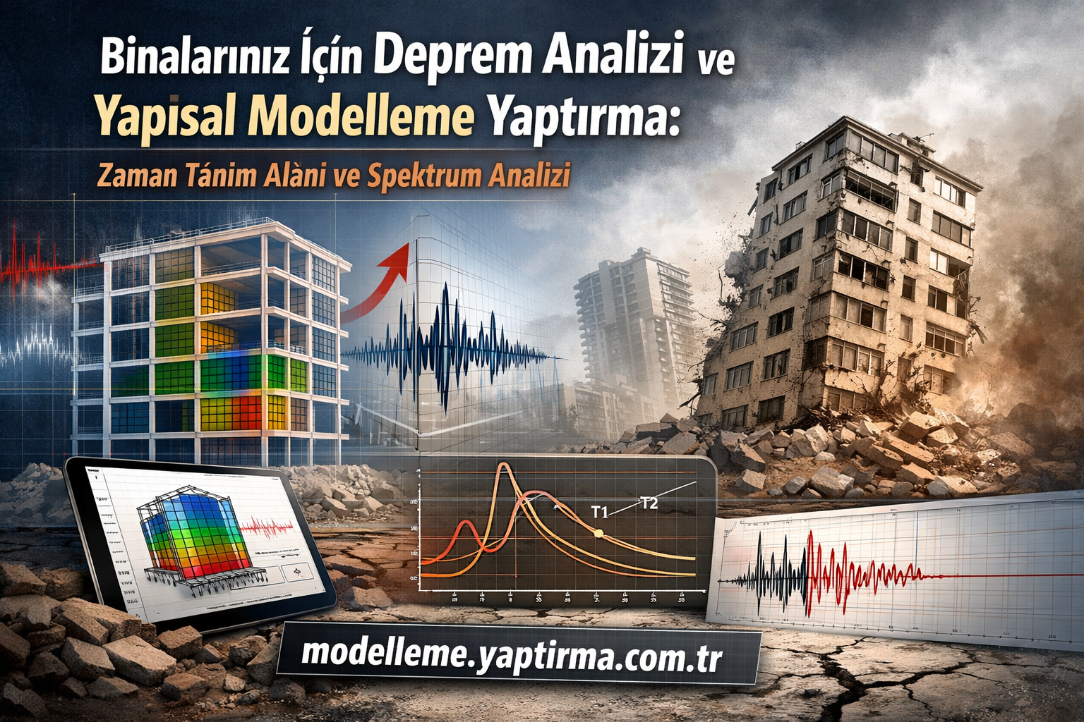 Poster promoting earthquake analysis and structural modeling, with collapsing buildings, seismic graphs, and a tablet showing a 3D colored building model.