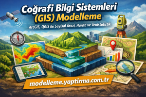 Colorful GIS-themed banner: layered terrain blocks, maps, compass, satellite, tablet map, magnifying glass, city skyline, and Turkish text about GIS modeling.