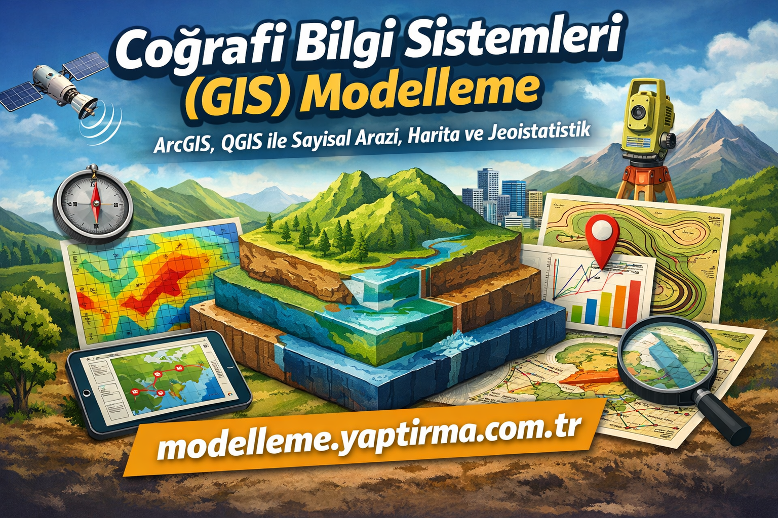 Coğrafi Bilgi Sistemleri GIS Modelleme - Modelleme Yaptırma Merkezi & Danışmanlık Colorful GIS-themed banner: layered terrain blocks, maps, compass, satellite, tablet map, magnifying glass, city skyline, and Turkish text about GIS modeling.
