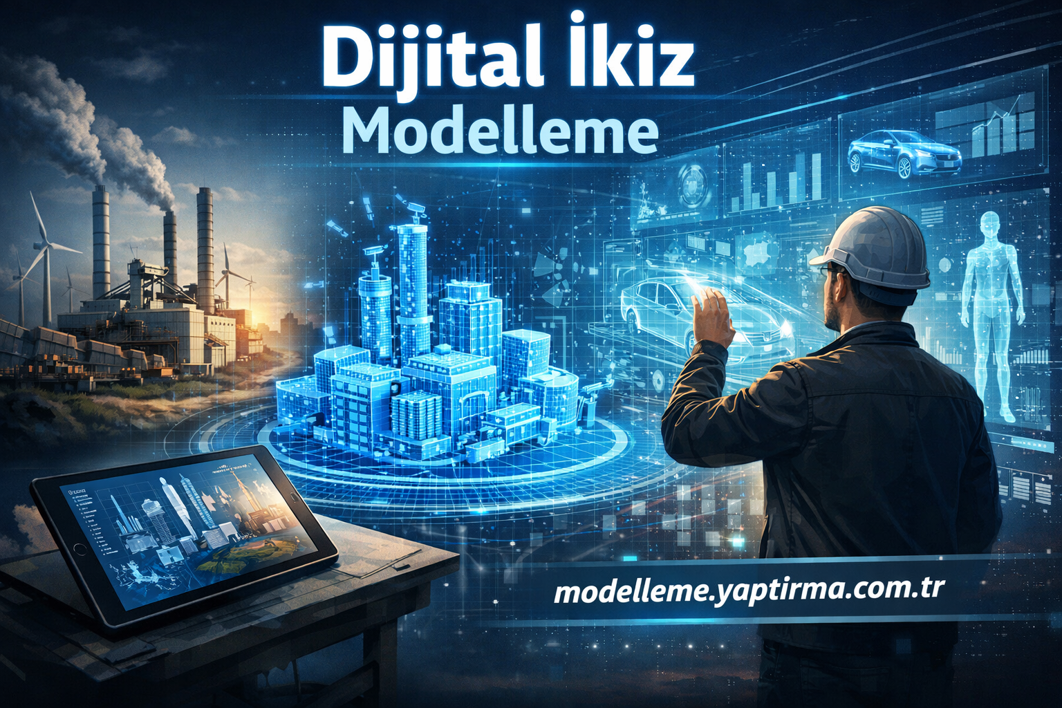 Engineer in a hard hat interacts with a blue holographic digital twin city, tablet showing data, industrial plants in the background.
