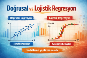 Infographic contrasting Doğrusal Regresyon and Lojistik Regresyon; left shows a scatter plot with a regression line, right shows a logistic curve with categorical outcomes.
