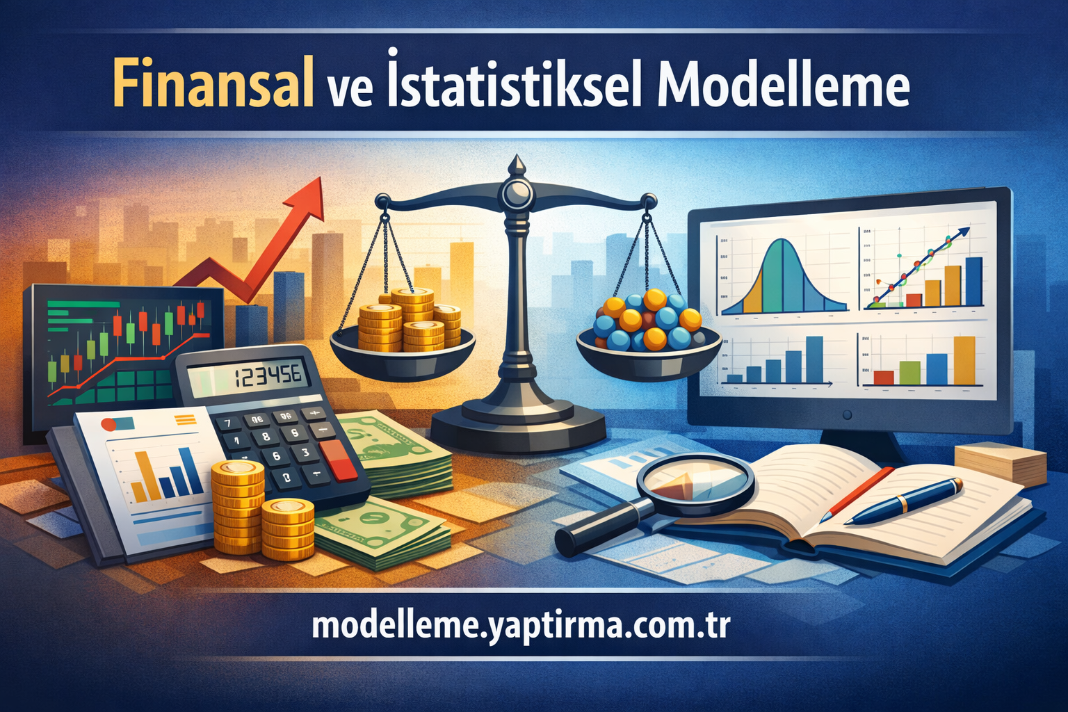 Finansal Modelleme ile İstatistiksel Modelleme Arasındaki Farklar - Modelleme Yaptırma Merkezi & Danışmanlık Illustration of financial and statistical modeling with scales, coins, money, graphs, and a notebook on a blue background.