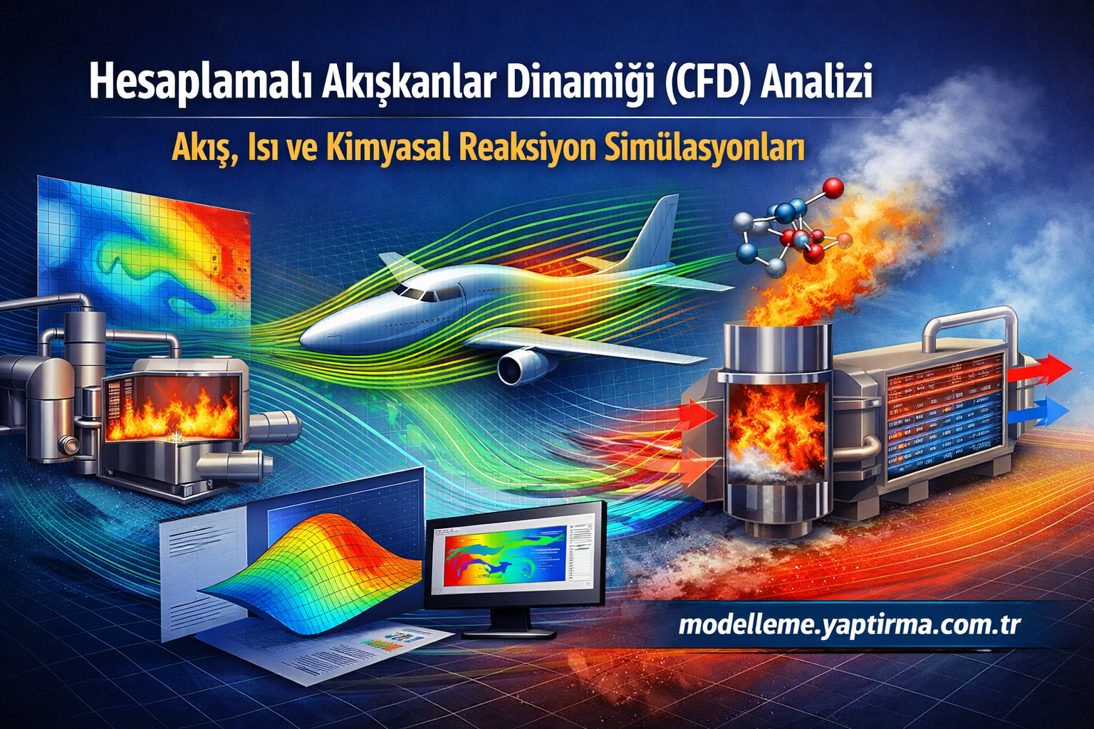Hesaplamalı Akışkanlar Dinamiği CFD Analizi - Modelleme Yaptırma Merkezi & Danışmanlık CFD analiziyle akış, ısı ve kimyasal reaksiyon simülasyonları; uçak ve endüstriyel tesisler görseli. (Hesaplamalı Akışkanlar Dinamiği)