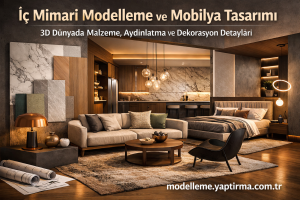 Open-plan living room and kitchen in a modern showroom, with marble walls, beige sofa, round coffee table, and pendant lights.