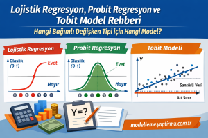 Infographic comparing Lojistik, Probit, and Tobit models: three panels with S-curve, bell curve, and scatter plot with a regression line and axis labels in Turkish.