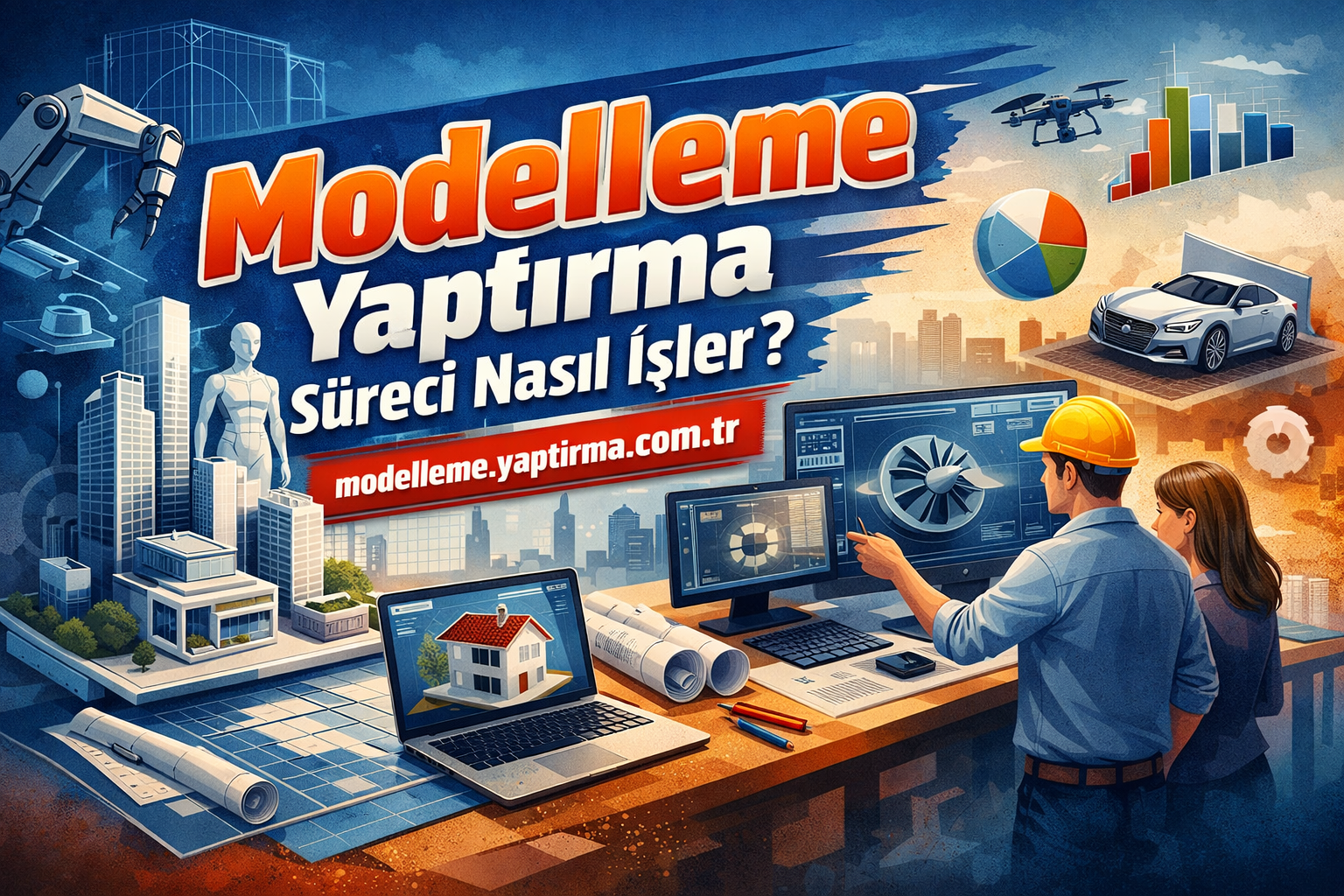 Turkish poster about modelleme process with engineers, cityscape, and a car; headline reads 'Modelleme Yaptırma Süreci Nasıl İşler?' and a red URL banner modelleme.yaptirma.com.tr.
