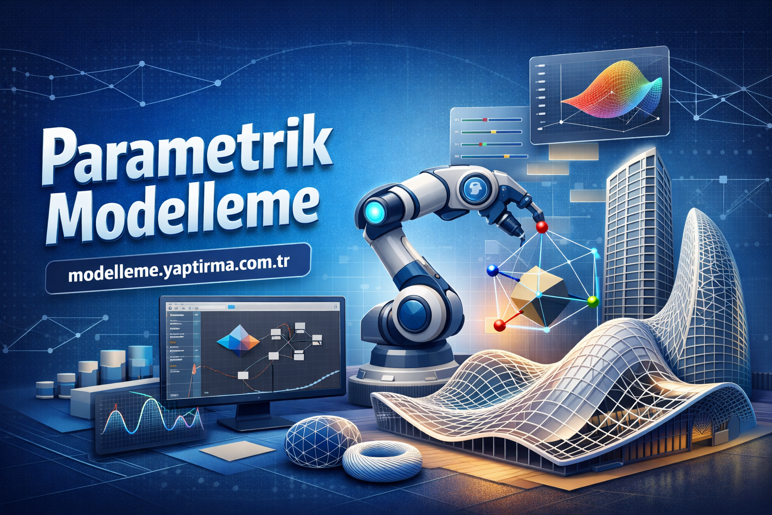 Parametrik Modelleme Yaptırma - Modelleme Yaptırma Merkezi & Danışmanlık Promotional tech illustration with a robotic arm, data charts, and futuristic buildings; text 'Parametrik Modelleme' and modelleme.yaptirma.com.tr