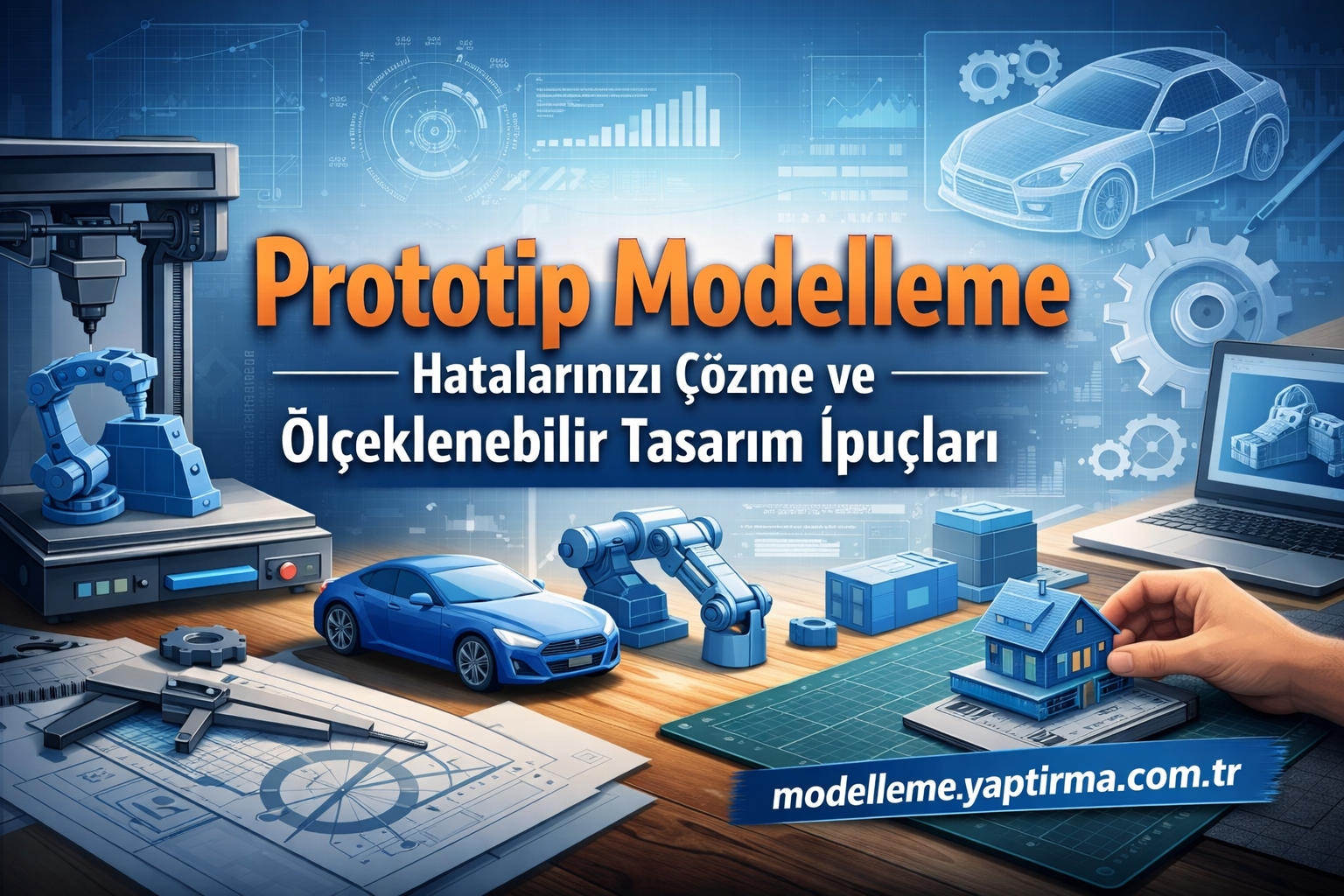Prototip modelleri ve otomasyon ekipmanlarıyla dolu teknopark temalı banner.