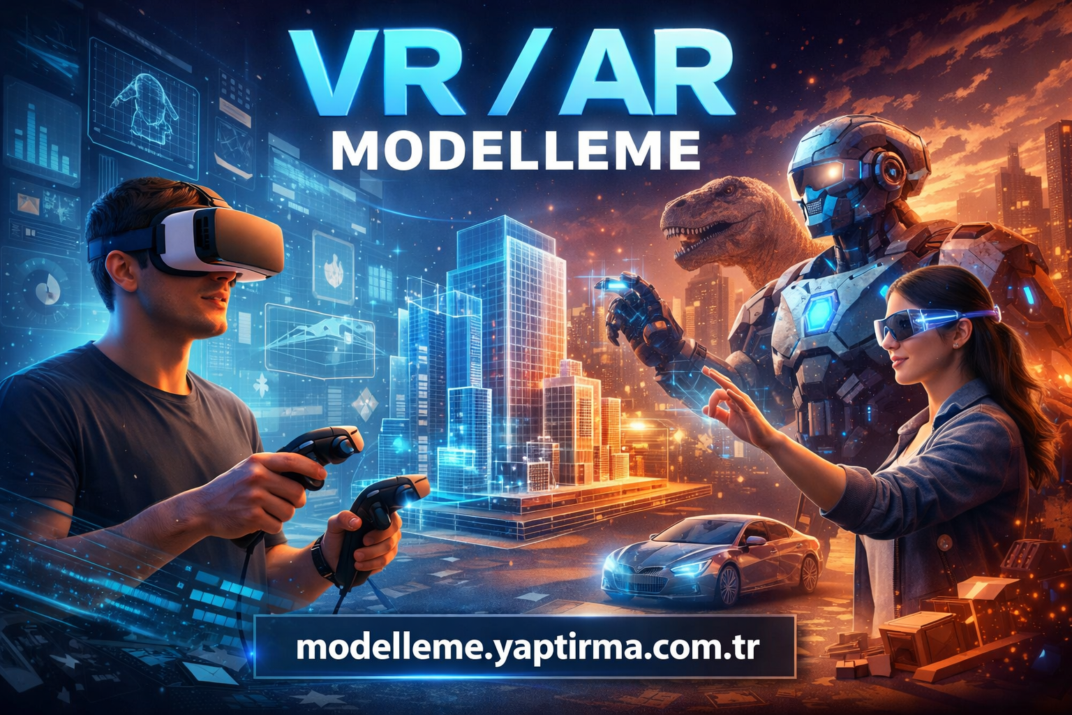 Promotional scene: a man and a woman in VR/AR helmets with hand controllers, futuristic cityscape and a giant robot in the background, text 'VR/AR MODELEME' and a website at the bottom