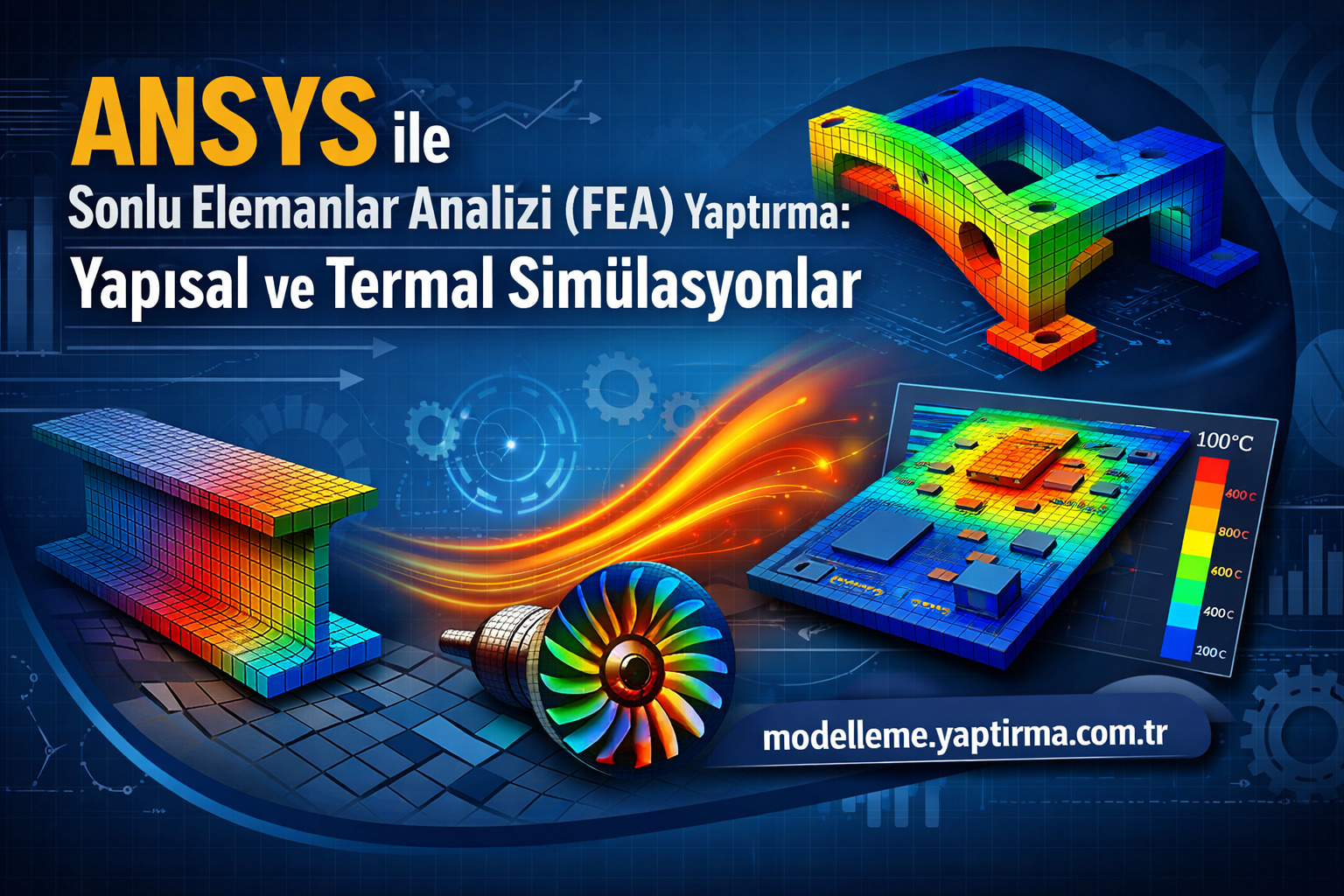 Turquoise and orange banner showcasing colorful 3D finite element models and a Turkish headline about FEA structural and thermal simulations.