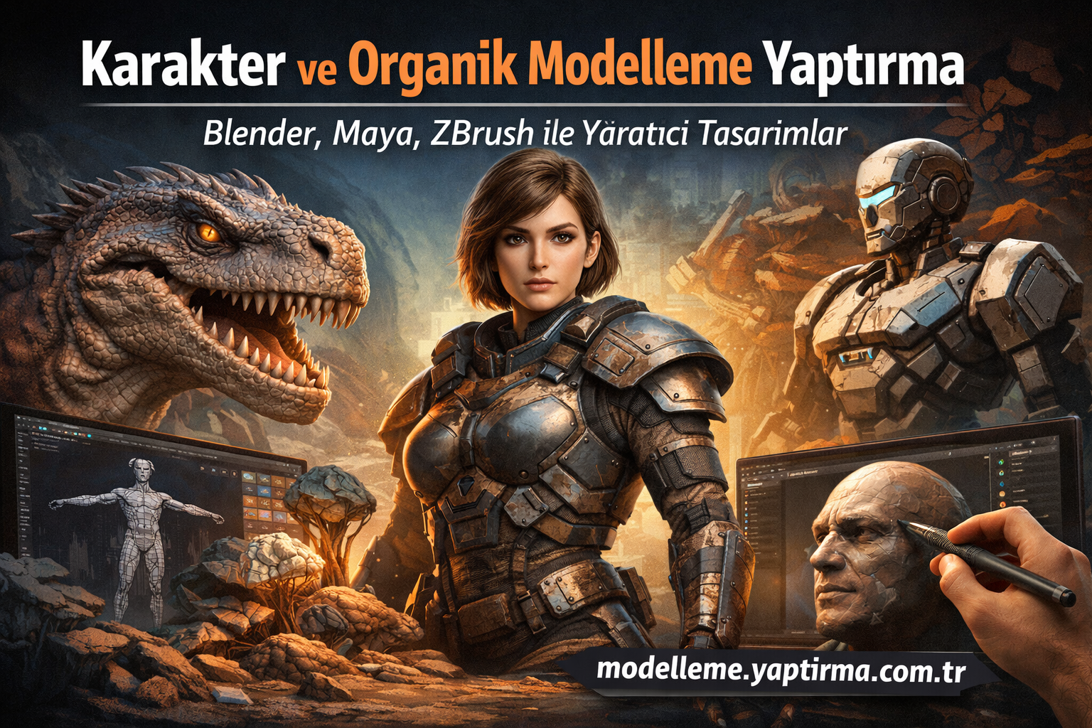 Promotional banner for character and organic modeling course using Blender, Maya, ZBrush; features a armored woman, dragon, robot and sculpting hand.
