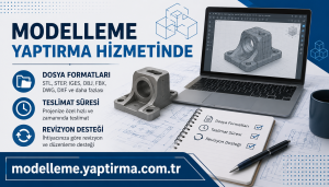 Turkish ad banner for modeling services listing formats, fast delivery, and revision support, with a laptop showing a 3D model on screen.