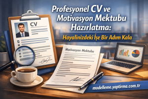 Clipboard with a CV, magnifying glass, coffee cup, and a laptop showing charts; Turkish text about preparing a CV and motivation letter.