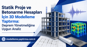 3D modelleme ile deprem yönetmeliğine uygun statik proje ve betonarme analiz hizmetinin tanıtımı; inşaat yapısı ve blueprint görselleriyle gösterilmiş.