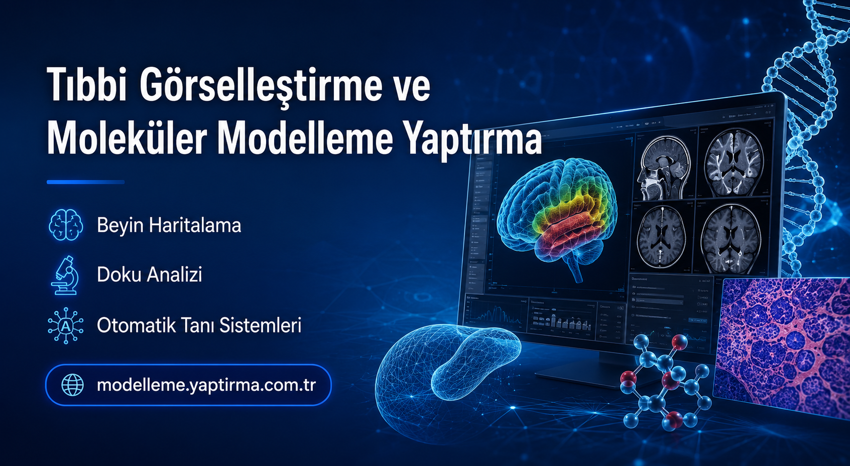 Turkish banner: 'Tıbbi Görselleştirme ve Moleküler Modelleme Yaptırma' with a monitor showing brain MRI scans and bullets: Beyin Haritalama, Doku Analizi, Otomatik Tanı Sistemleri; site link at bottom (modelleme.yaptirma.com.tr).