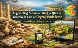 Turkish banner about GIS and QGIS-based archaeological landscape modeling with a monitor, map, magnifying glass, and ancient ruins. URL visible: modellerme.yaptirma.com.tr (informative)