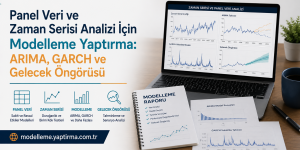 Promosyon afişi: Panel veri ve zaman serisi analizi için modellleme görselleriyle, ARIMA ve GARCH öngörüsü vurgulanıyor.