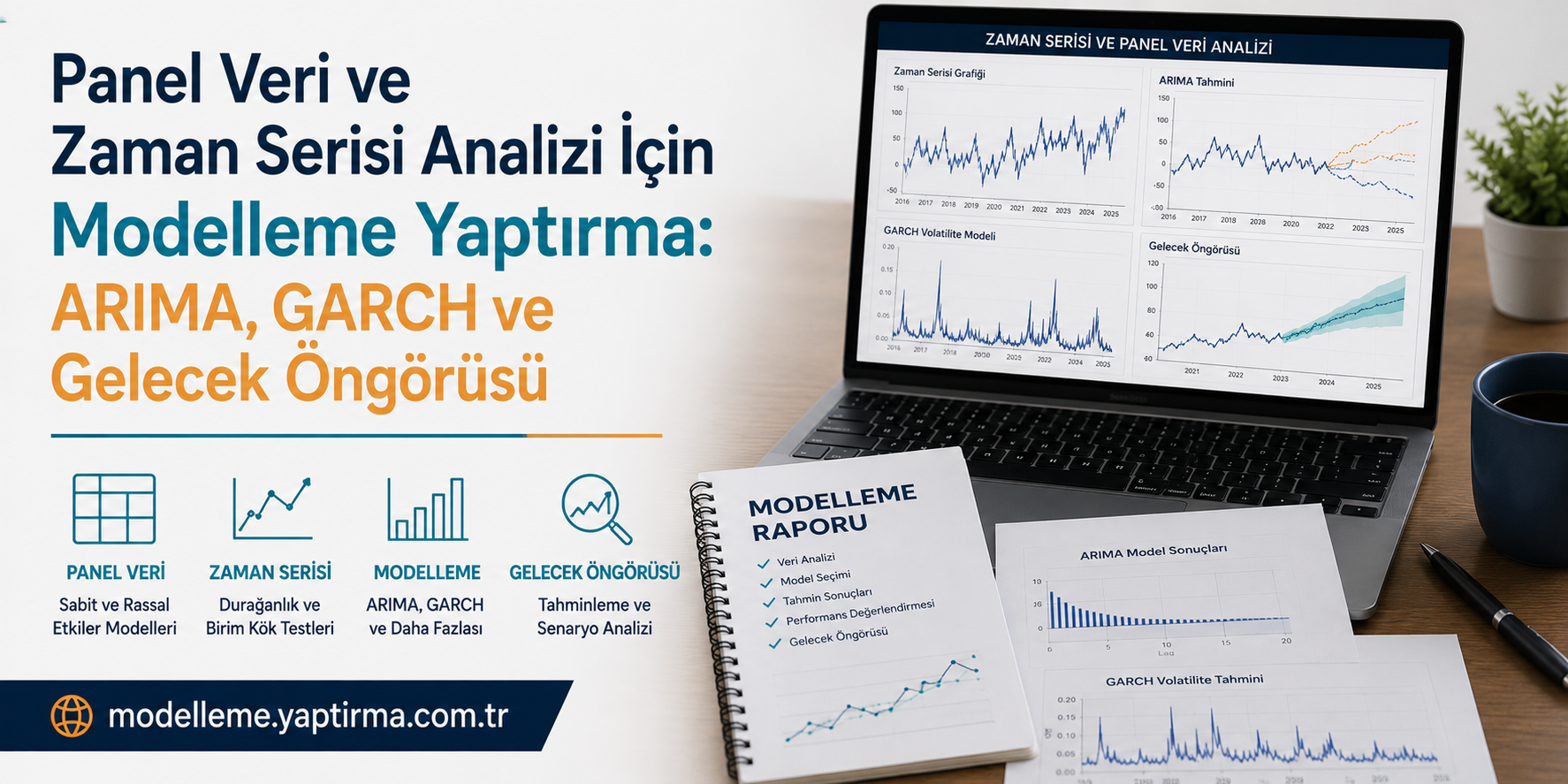 Promosyon afişi: Panel veri ve zaman serisi analizi için modellleme görselleriyle, ARIMA ve GARCH öngörüsü vurgulanıyor.